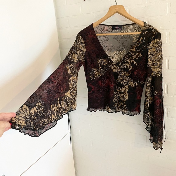 Y2K Babydoll Top Sheer Flare Sleeves Whimsigoth Dark fairy Burnt Velvet M - Picture 1 of 16
